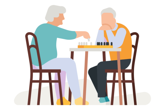 Old Men Playing Chess Board Game. Elderl